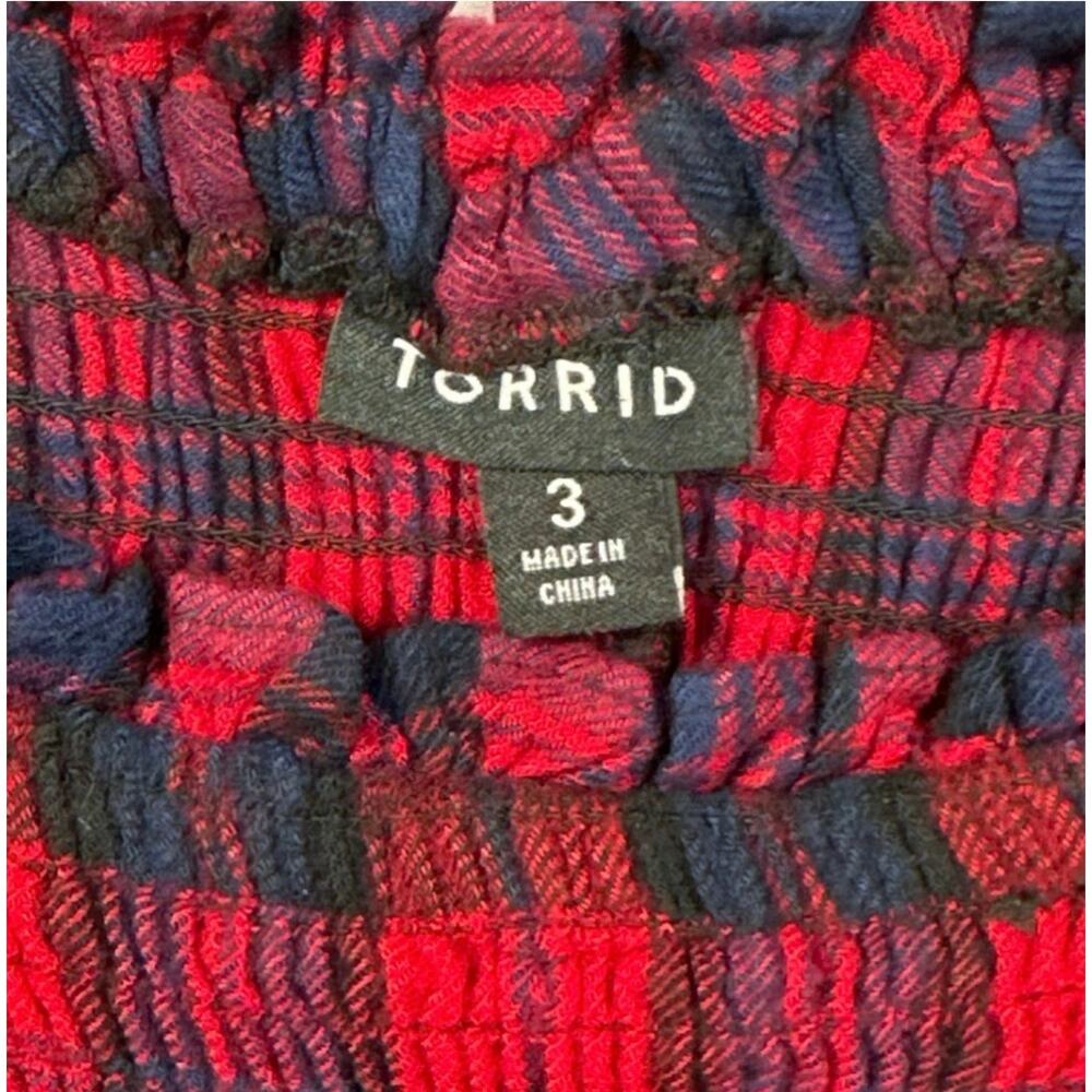 Torrid Red Smocked Babydoll Top Flannel Buffalo Plaid Sz 3 / 3X Puff Sleeve - Picture 6 of 12